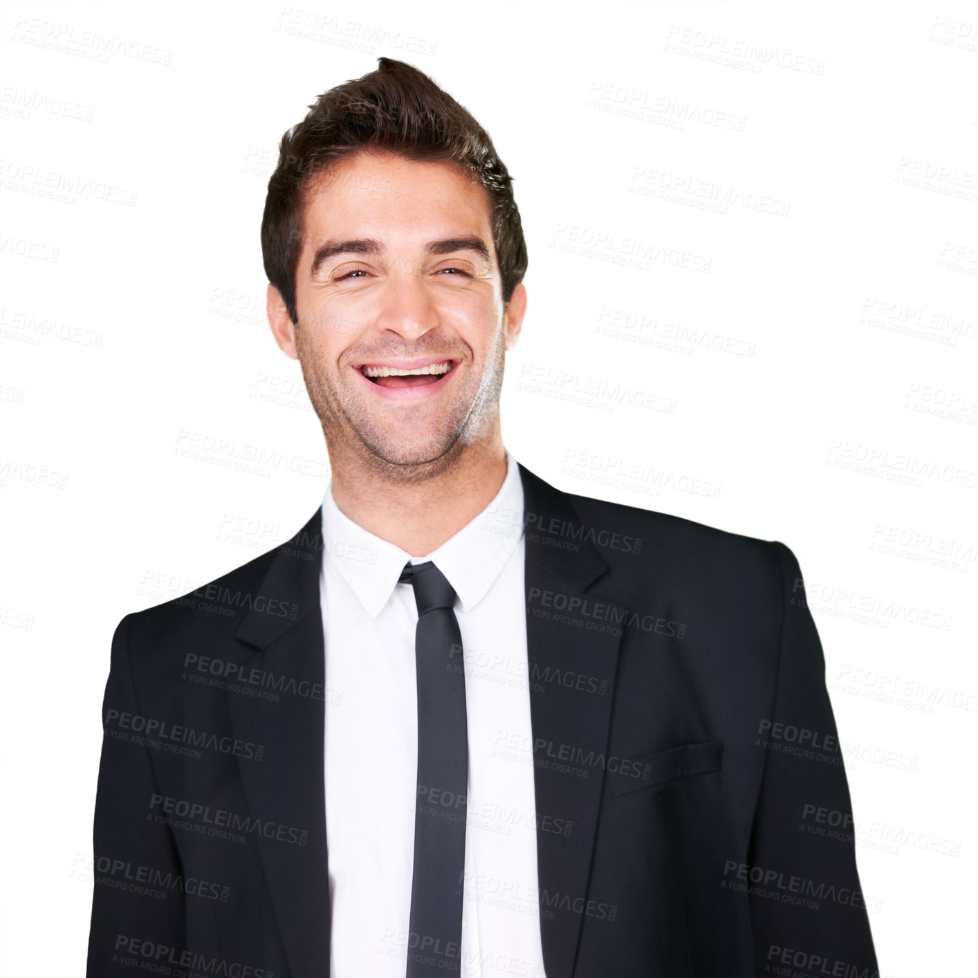 Buy stock photo Business man, laughing and portrait of model on a transparent background for fashion and style. Professional male person isolated in studio for comic png design to laugh at funny meme or joke