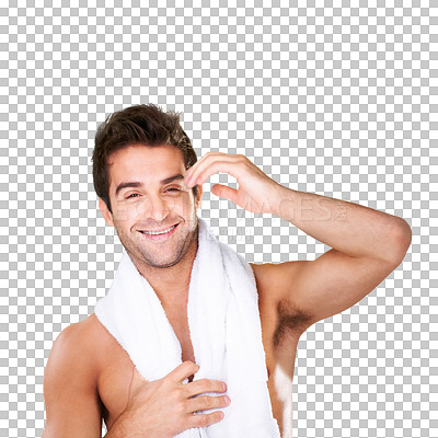 Buy stock photo Man, relaxed and shirtless after workout in towel for training, exercise or mindset for motivation. Happy, person and smile on isolated or a transparent png background after gym, treatment or massage