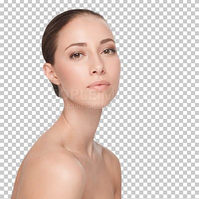 Buy stock photo Woman, face and skincare for natural beauty results or wellness isolated on transparent png background. Female person, portrait and routine for healthy clean, confident or glow self care treatment