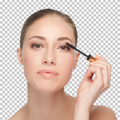 Buy stock photo Woman, makeup and portrait mascara cosmetic or beauty product for face isolated on transparent png background. Female person, eyelash extension tool and application brush, confident glow or fashion
