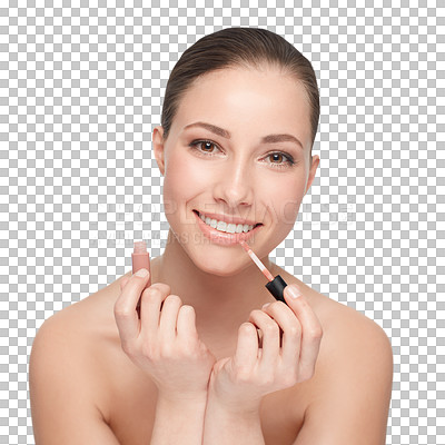 Buy stock photo Woman, lipstick makeup and portrait for cosmetic beauty or wellness product isolated on transparent png background. Female model person, lip gloss and happy glam application for face, glow or shine