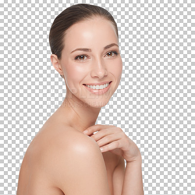 Buy stock photo Woman, portrait and skincare smile for clean results glow isolated on transparent png background. Female person, health and wellness routine for natural beauty, shine treatment or fresh face smile