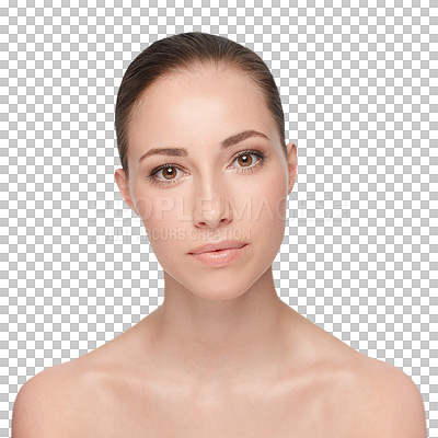 Buy stock photo Woman, skincare and portrait beauty or wellness, routine or results isolated on transparent png background. Female person, face and healthy clean glow cosmetics for luxury, natural or dermatology