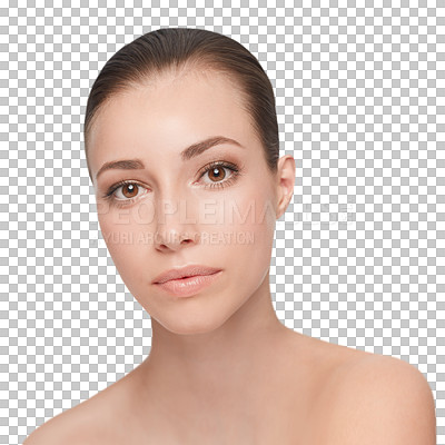 Buy stock photo Woman, skincare and portrait dermatology results glow isolated on transparent png background. Female person, health and wellness routine for natural clean shine treatment,  luxury or face confidence