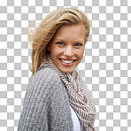 Winter fashion, a woman and a happy smile with teeth on a png, transparent and mockup or isolated background. A beautiful blonde girl from Germany with cozy, warm clothes and a positive mindset