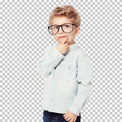 Buy stock photo Child, boy and thinking on glasses or frame choice and decision, lenses and eyecare for sight. Male person, kid and optometry for spectacles, contemplating and isolated on transparent png background