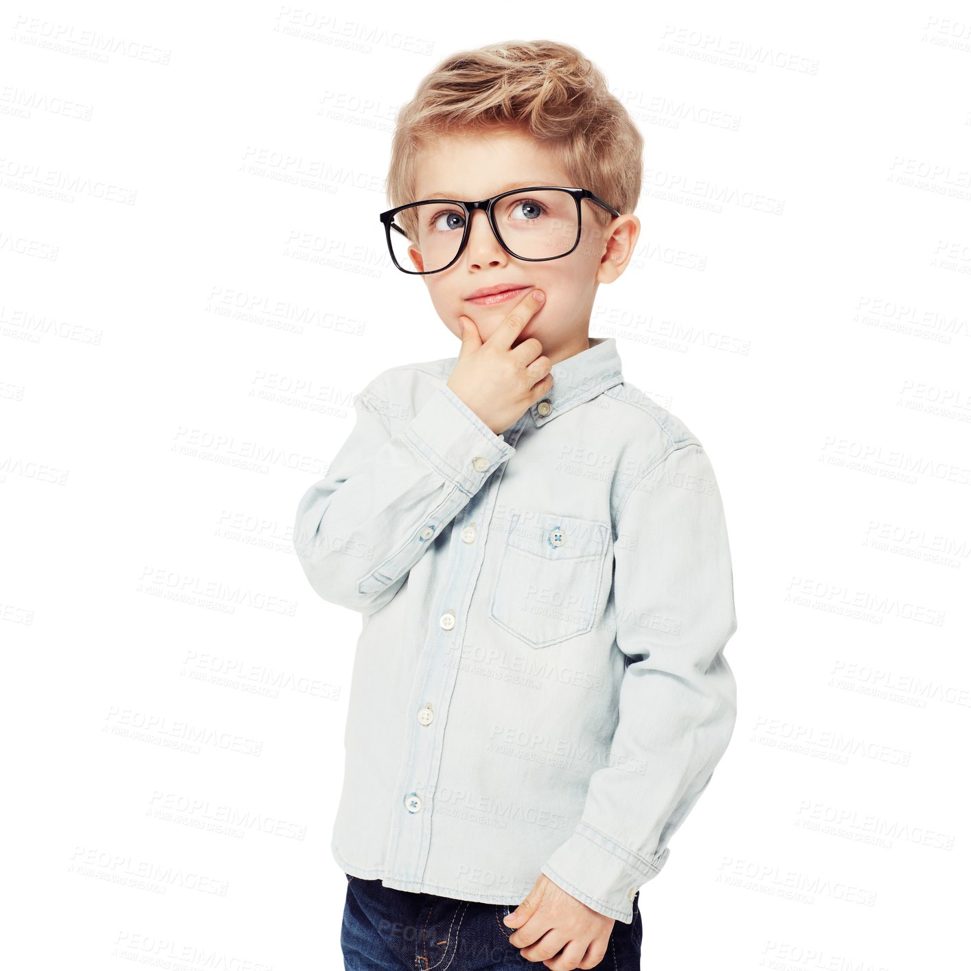 Buy stock photo Child, boy and thinking on glasses or frame choice and decision, lenses and eyecare for sight. Male person, kid and optometry for spectacles, contemplating and isolated on transparent png background