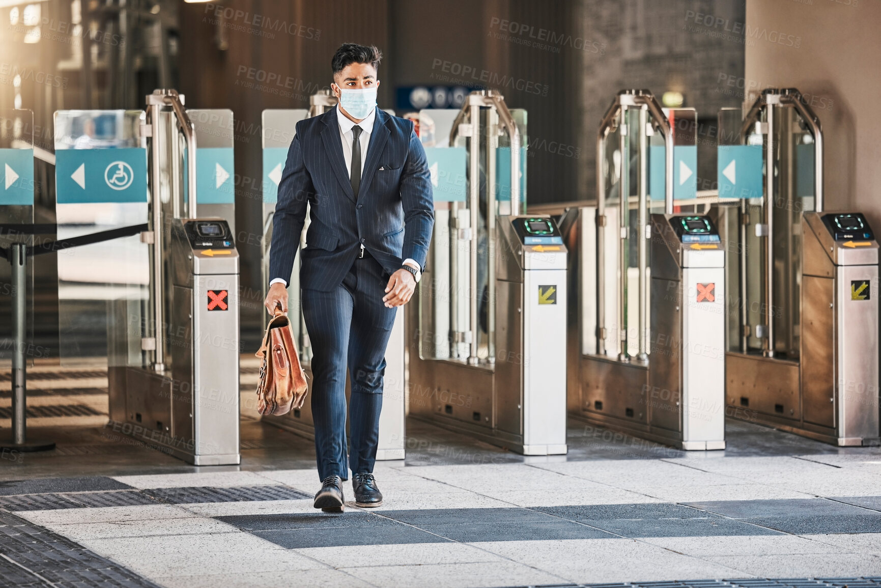 Buy stock photo Travel business man during covid arriving in urban city at bus, train or airport terminal. Corporate businessman, employee or worker with suitcase walking in the street to hotel or meeting with mask