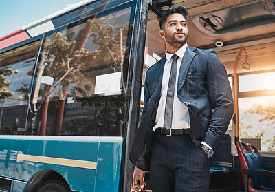 Buy stock photo Corporate businessman travel in a city on a bus to work in a suit thinking of goals and professional career. Confident, young and Indian worker or startup entrepreneur on daily urban commute