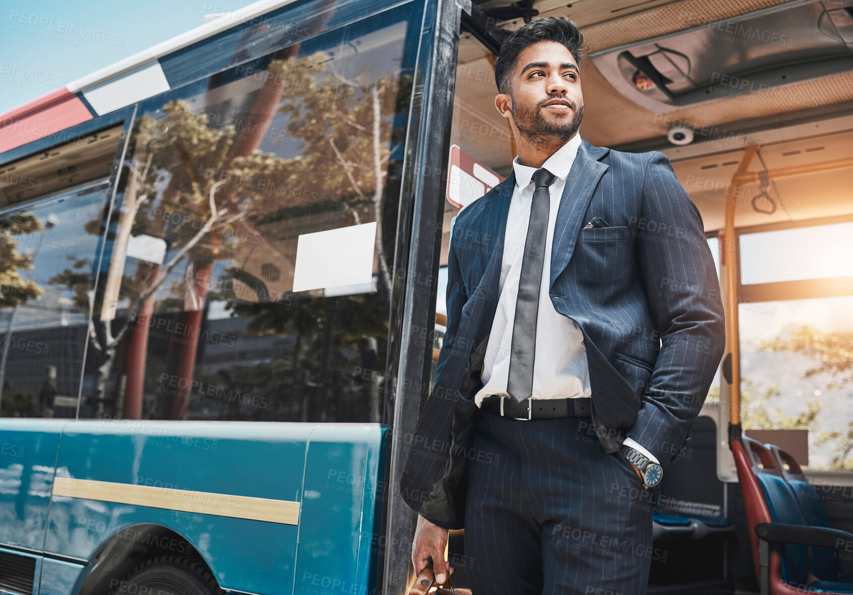 Buy stock photo Corporate businessman travel in a city on a bus to work in a suit thinking of goals and professional career. Confident, young and Indian worker or startup entrepreneur on daily urban commute