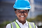 Face of logistics worker, construction builder and employee working on site for home renovation, building with smile and doing engineering. Closeup portrait of black woman architect in architecture