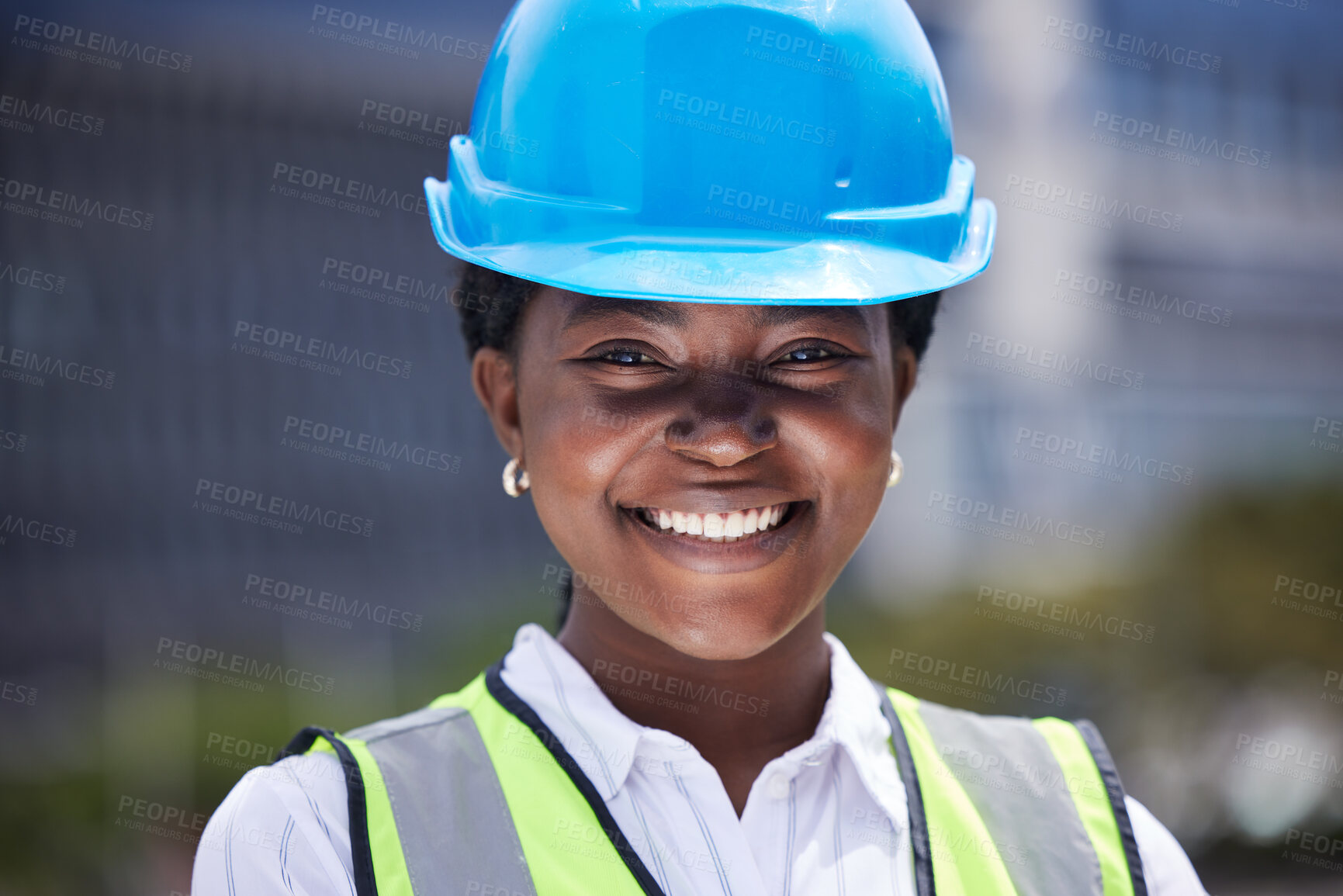 Buy stock photo Face of logistics worker, construction builder and employee working on site for home renovation, building with smile and doing engineering. Closeup portrait of black woman architect in architecture