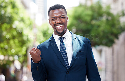 Buy stock photo Portrait of businessman, leader or CEO celebration, winner and happy outside in the city. Manager with happiness and motivation for business success and profit with a smile and pride for achievement