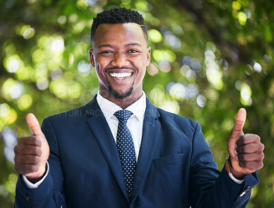 Buy stock photo Thumbs up, success and businessman happy, satisfied and excited about job opportunity or goal. Portrait of a black entrepreneur feeling like a winner, saying thank you and sharing motivation outside