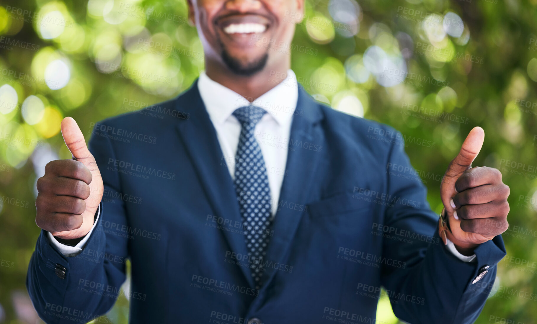 Buy stock photo Happy businessman, corporate success and two thumbs up sign. Focus hands of African entrepreneur worker in suit, working professional goal, portrait showing employee support of compliance agreement.