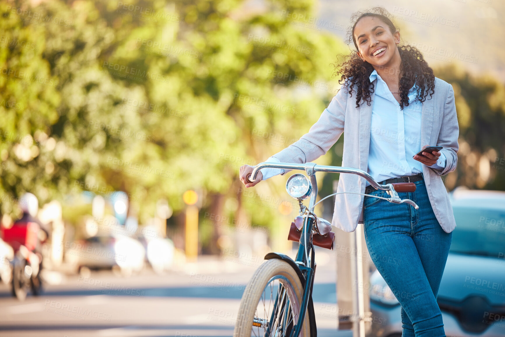 Buy stock photo Eco friendly, worker travel and bike break outside in city. Business woman commuting with bicycle to reduce carbon footprint. Sustainability person traveling with green mindset and responsibility.