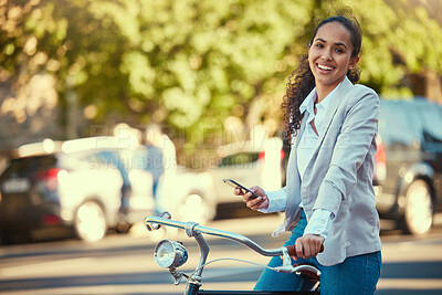 Buy stock photo Business woman, bicycle and taking a mobile break outdoors in the street. Working lady in business travels with sustainable transport. Carbon neutral worker enjoys exercise and bike ride outside.