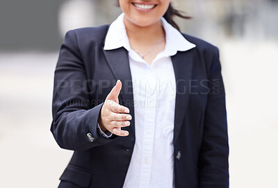 Buy stock photo Welcome handshake, networking and deal of hr business manager hiring contract, meeting and partnership in city. Corporate worker shaking hands with trust, consulting for support and b2b sale success