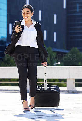 Buy stock photo Business woman, travel with luggage and phone for communication with work, internet or web search. Corporate employee going to airport to catch plane for company tradeshow, conference or workshop