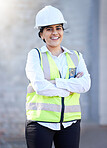 Construction, building and engineering with a woman contractor or technician outside on a build site for development, renovation or remodel. Construction worker ready for build, maintenance or repair