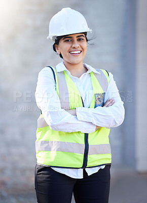 Buy stock photo Construction, building and engineering with a woman contractor or technician outside on a build site for development, renovation or remodel. Construction worker ready for build, maintenance or repair