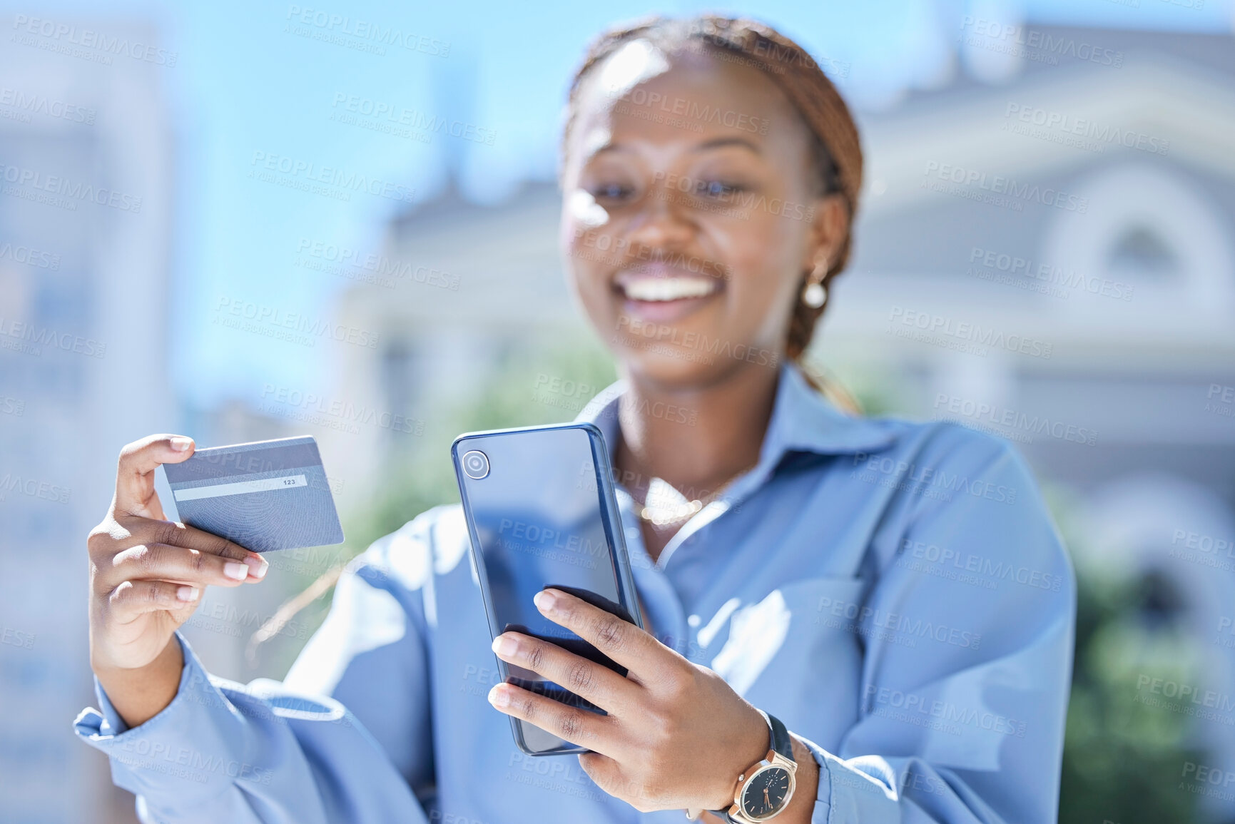 Buy stock photo Black woman with credit card and phone for finance, invest and budget mobile banking app and ecommerce online shopping payment. Business woman happy with profit savings from financial investment