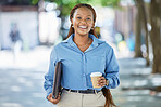 Walking, coffee and city with a business woman or employee on a break against an urban background. Portrait of a young worker ready to start a job or career while looking for work in town in the day