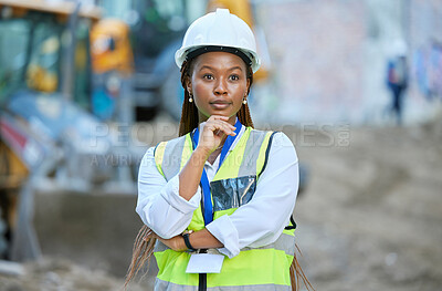 Buy stock photo Logistics security, construction worker and woman thinking with arms crossed on building site, doing inspection and working as engineer at work. Professional builder and manager with creative vision