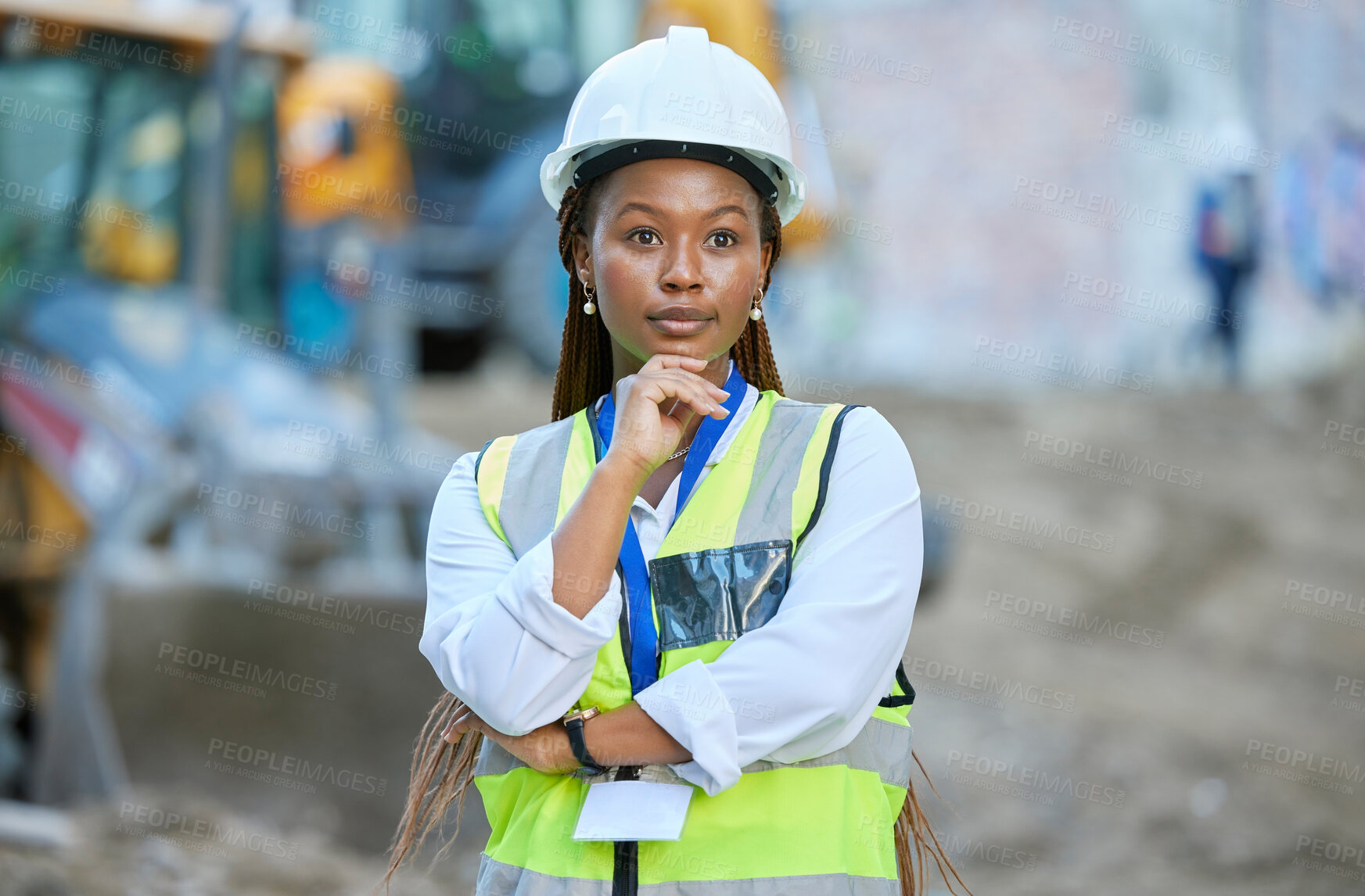 Buy stock photo Logistics security, construction worker and woman thinking with arms crossed on building site, doing inspection and working as engineer at work. Professional builder and manager with creative vision