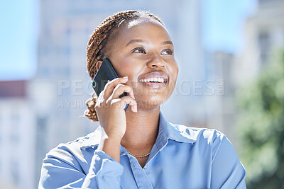 Buy stock photo Woman talking on phone, business networking and calling customers with 5g in city in morning travel commute to work. Smile, happy and motivation from entrepreneur with tech and global success vision