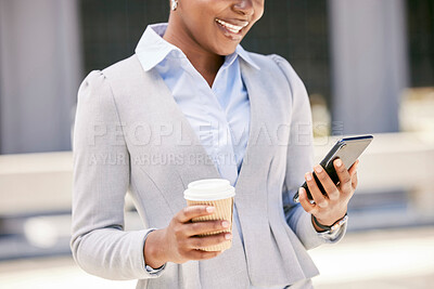Buy stock photo Phone, networking and communication with a business woman reading a message and drinking coffee in the city. 5g mobile technology with a corporate worker typing on a smartphone on an urban background