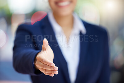 Buy stock photo Handshake, teamwork or collaboration of business woman with b2b partnership vision, motivation or success. Closeup hand of management with support, trust or welcome deal or offering meeting thank you