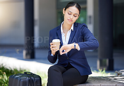 Buy stock photo Time, travel and schedule with business woman looking at watch fo deadline, check the hour for traveling, an appointment or meeting. Discipline, timing and city entrepreneur to start the day