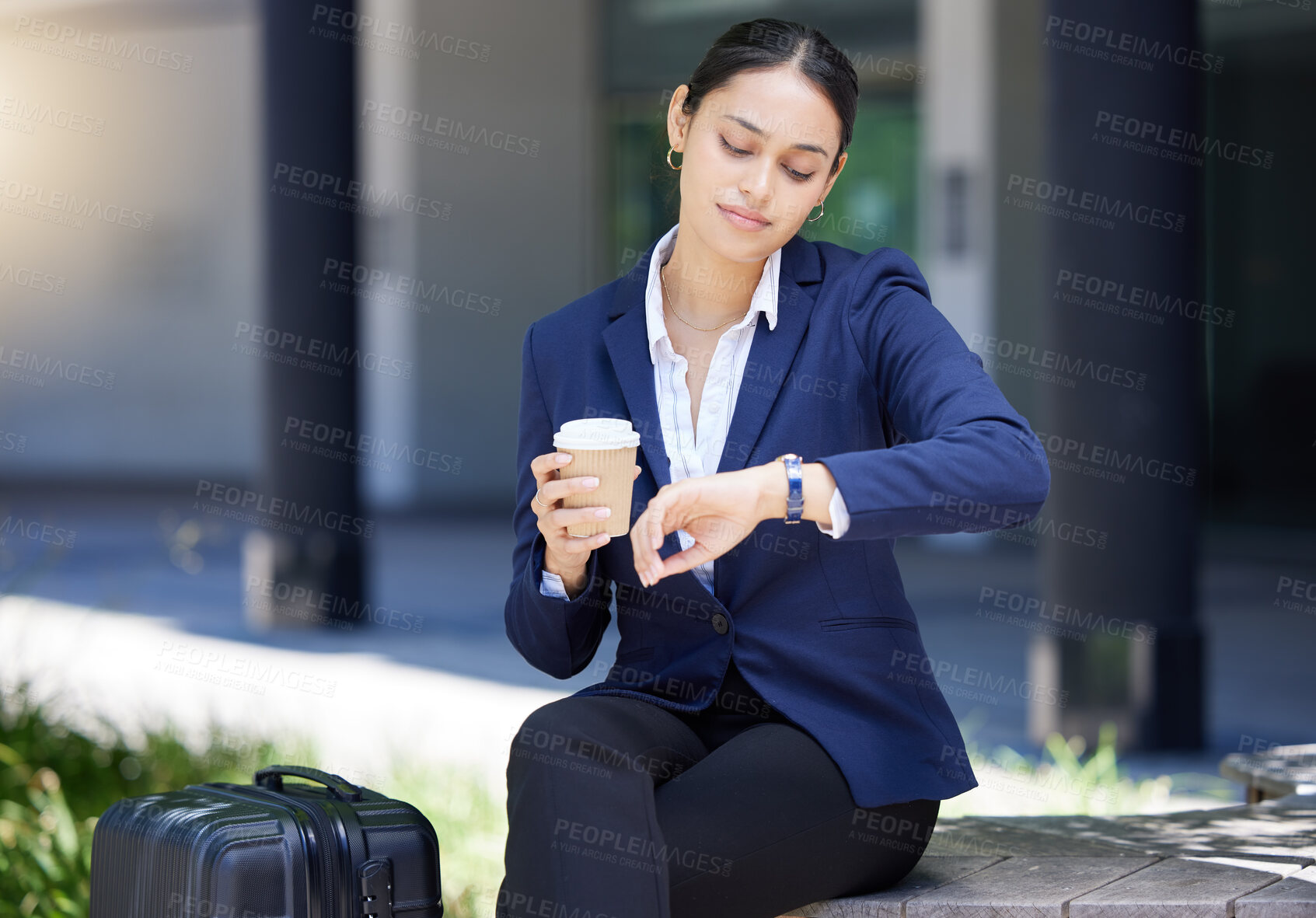 Buy stock photo Time, travel and schedule with business woman looking at watch fo deadline, check the hour for traveling, an appointment or meeting. Discipline, timing and city entrepreneur to start the day