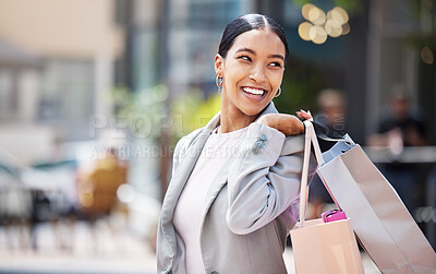 Buy stock photo Shopping, retail and customer with bags to shop at a store or mall in the city. Sale, money and consumer lifestyle with a happy, young woman spending, buying and purchase against an urban background