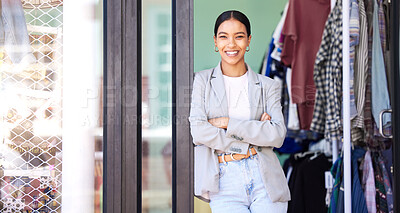 Buy stock photo Happy, success and motivation mindset of a business woman retail shop owner and entrepreneur. Clothes, shopping and fashion store manager and boss portrait proud of her work and leadership vision