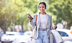 Shopping in city, woman with smartphone and headphones listening to fashion clothes podcast with smile on face for marketing sale tips and style idea. Retail customer with an audio streaming service