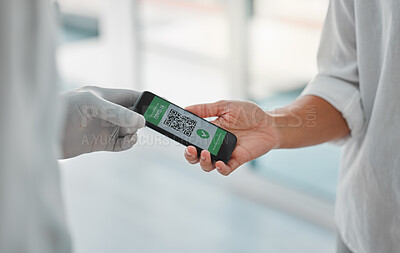 Buy stock photo Covid vaccine passport, digital qr code certificate and travel pass on phone screen for health, virus and security clearance. Tourist and airport immigration with mobile app for medical safety data