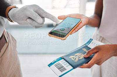 Buy stock photo Covid travel passport, digital qr code certificate on phone for vaccine health and airport security identity document. Refugee and passenger immigration with mobile app for corona virus safety data.