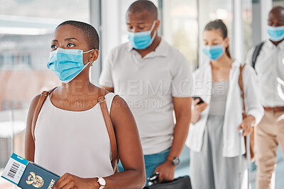 Buy stock photo Passport, covid and people in airport to travel during global pandemic in safety face masks and luggage. International women and man traveling on airplane follow corona virus safety world regulations