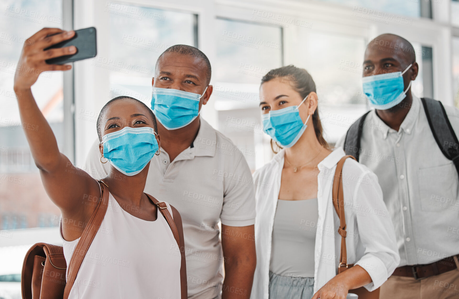 Buy stock photo Covid, friends and phone selfie of travel group with safety masks at the airport ready for a flight. Diversity of international people and global community with modern technology to document the trip