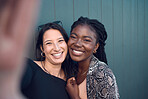 Friends, smile and happy selfie for social media for fashion, street style or trendy clothes women on blue background. Portrait of fun, playing or comic bonding college students for female diversity