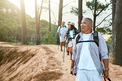 Hiking, old and adventure seeking Asian man staying active, healthy and fit in twilight years. Tourists or friends travel doing recreation exercise and explore nature on wellness getaway or retreat