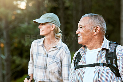Buy stock photo Mature man and woman hiking, smiling and looking at the view in nature. Fit local travel guide showing an active female tourist the natural landscapes while walking a trail outdoors in the wilderness