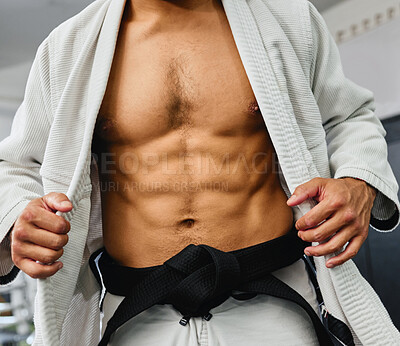 Buy stock photo Sexy body of karate man, martial arts coach and strong personal trainer training for fitness in sports gym and health studio. Taekwondo warrior, bodybuilder and athlete for challenge, power and fight