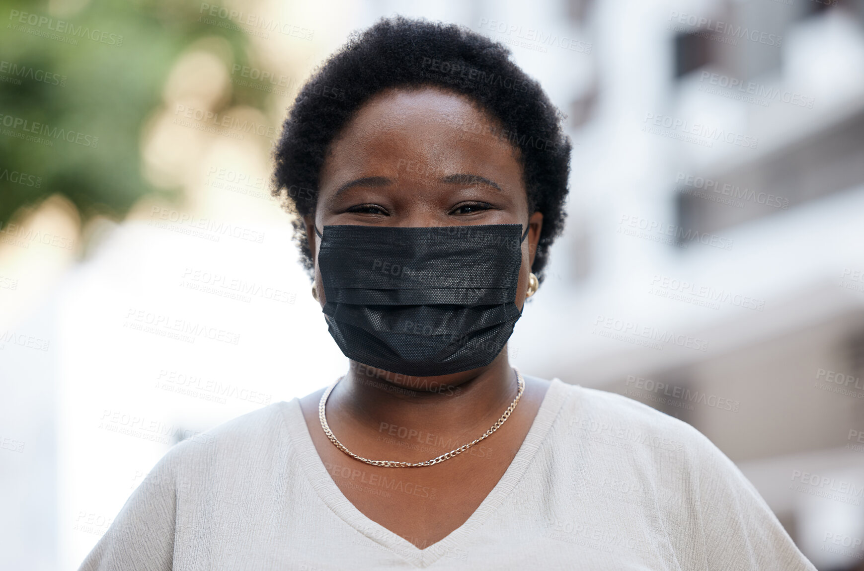 Buy stock photo Covid, face and safety mask of a happy black woman corona protection regulations facial gear. Portrait of a African female outside alone feeling happiness, confidence with a positive mindset