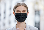 Covid face mask and business woman in city with happy portrait, vision for future success and leadership. Trust, care and responsible leader, boss or compliance manager preventing the spread of virus