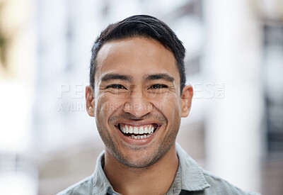 Buy stock photo Happy, smile and face portrait of a man with a vision, mindset and motivation for success. Young entrepreneur or corporate professional businessman smiling in happiness over city street background.