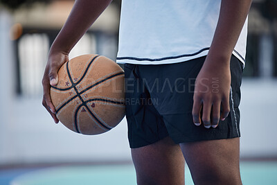 Buy stock photo Basketball athlete ready for training, game and competition on sports court from below outdoor. Training, focus and fitness workout black man with motivation, mindset and goal to play, cardio and win