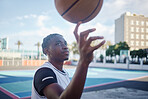 Basketball sports black man or athlete at court with ball for practice and to train for match or game competition. Young man or player playing and training in sport for exercise, fitness and wellness